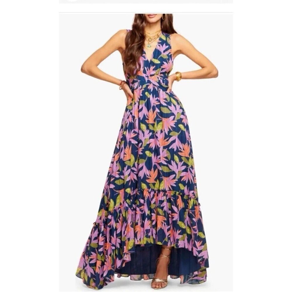 Ramy Brook Miles Floral Maxi Dress Navy High-Low V-Neck Sleeveless Size 4